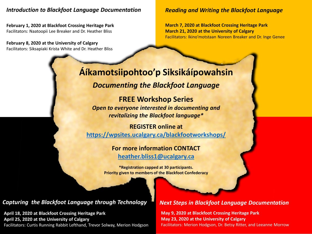 drheatherbliss's tweet image. FREE workshop series on #Blackfoot #LanguageDocumentation starting Feb 1 at @BlckftCrossing, and Feb. 8 at @UofC_SLLLC. For more info, visit wpsites.ucalgary.ca/blackfootworks…