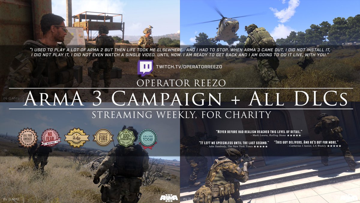 OperatorReezo's tweet image. &quot;I&apos;ve never played #Arma3&quot; - I haven&apos;t even watched a single video of it. Starting next week I am going to live stream all the campaigns and DLCs. Join me and get my first impressions, live the story as it unfolds and fight for #charity - bit.ly/37BI8Tt @Arma3official