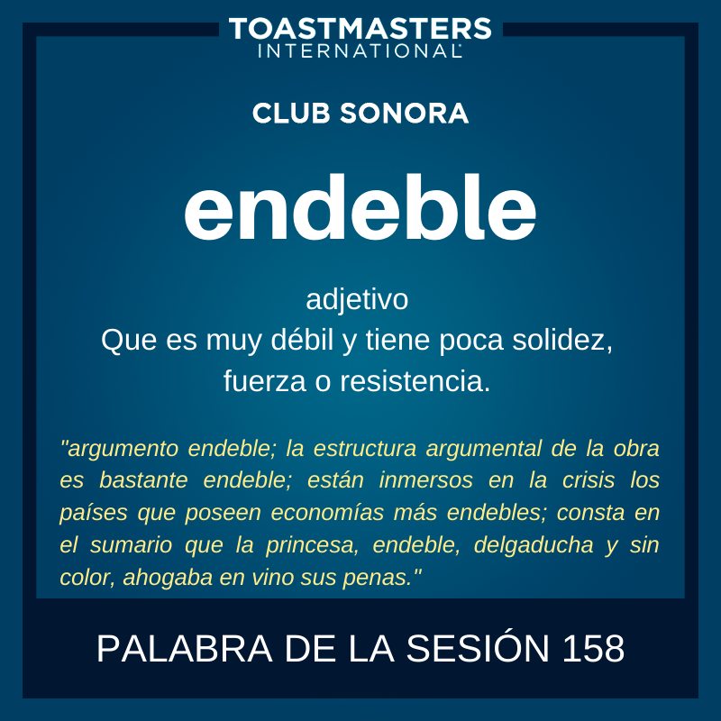 🗣 La palabra de la sesión 158 es #endeble

Te esperamos:

🗓 Lunes 6 de enero 2020
⏰ De 7:00 PM a 9:00 PM
🏛 <a href="/CanacoHmo/">CANACO SERVYTUR Hermosillo</a>
 (Gastón Madrid 31 esq. Guerrero)
📍 Ubicación:  ow.ly/6keH50u7lwA

Es necesario que agendes tu visita.