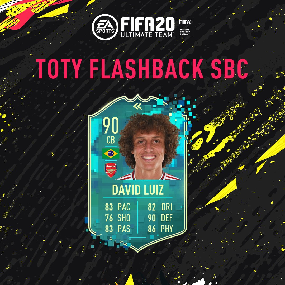 EASPORTSFC's tweet photo. OVR: 90 
PAC: 83 
DEF: 90 
HAIR: 99 

#TOTY Flashback @DavidLuiz_4 SBC is now available! #FUT20 https://t.co/xzUSsxQltj