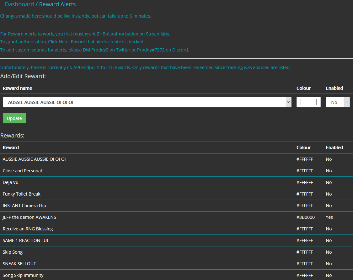 ZHBot_org's tweet image. New beta feature on ZHBot - Reward Alerts.

Using the Streamlabs API, the ZHBot can now create custom alerts on your stream.
Requires tracking.
You can set the text colour and if enabled per-alert.
You can set the Widget Box to use for the alerts.
Example: clips.twitch.tv/CloudyConfiden…