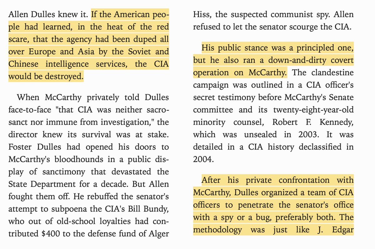 Joseph McCarthy was the only real threat to the CIA from Congress. His allegations against the agency were true, so they ran a dirty campaign against him, which in the words of Allen Dulles "saved the republic."
