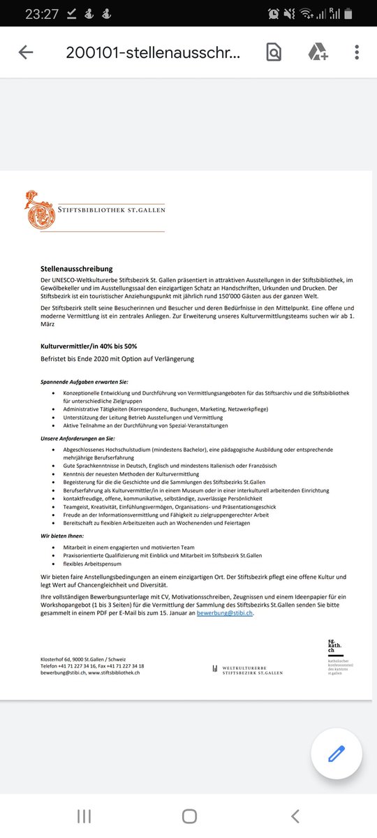 WIR ERWEITERN UNSER TEAM

Schon mal heimlich davon geträumt im UNESCO Weltkulturerbe Stiftsbezirk St.Gallen zu arbeiten? Dann ist das deine Chance! Wir sind auf der Suche nach ein/er Kulturvermittler/in
stiftsbezirk.ch/de/stiftsbibli…