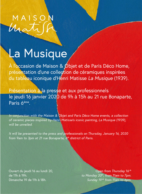 Very happy to announce my collaboration with Maison Matisse! The ceramic collection 'La Musique', inspired by Henri Matisse's iconic 1939 painting, will be presented from January 16th 2020, in conjunction with the Maison &amp; Objet and Paris Déco Home events maison-matisse.com