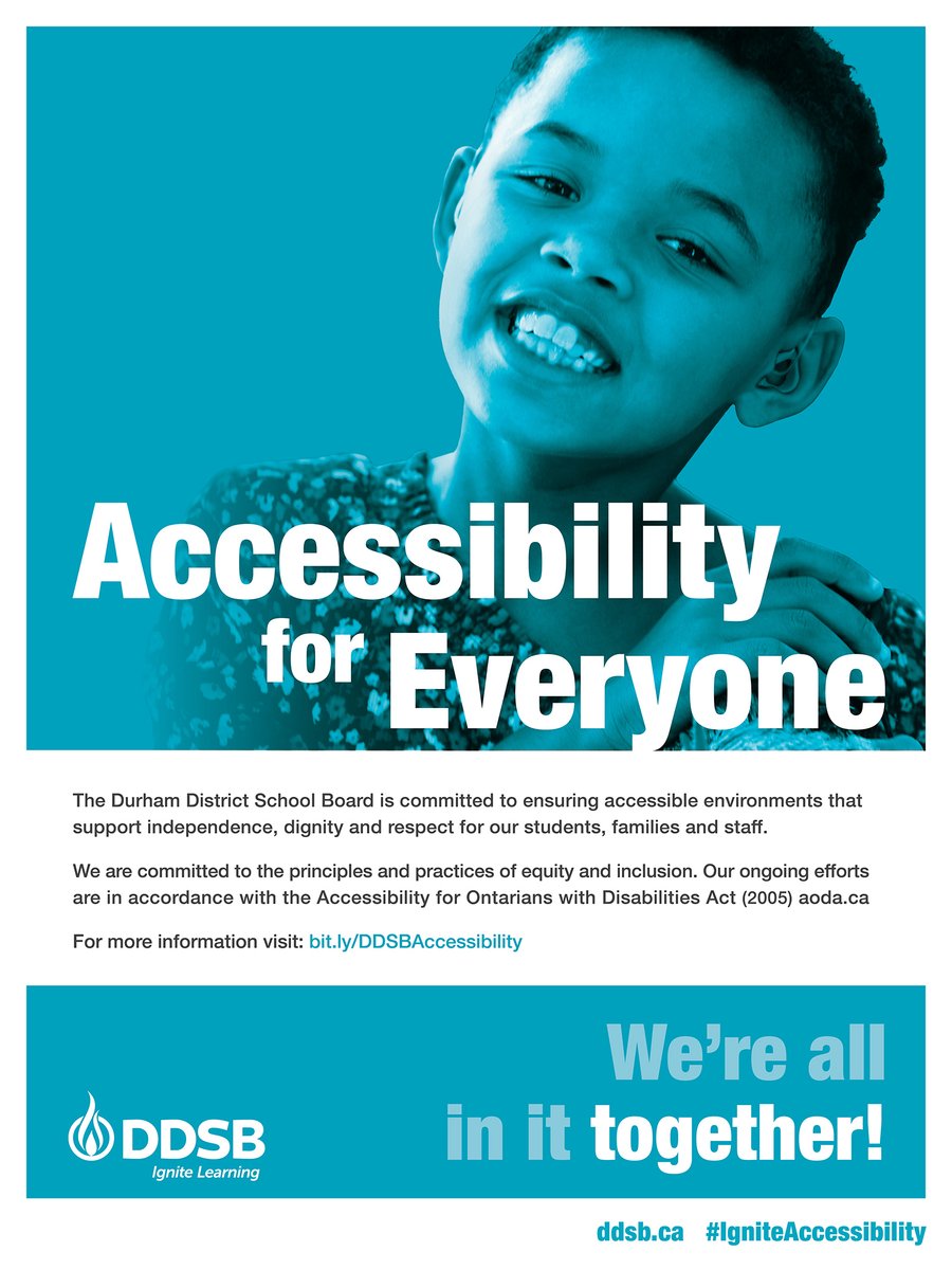 DDSBSchools's tweet photo. Accessibility for Everyone. We're committed to ensuring accessible environments that support independence, dignity &amp; respect for students, families &amp; staff. This is 1 of 6 posters distributed to all DDSB schools.
For more info. visit: https://t.co/JKqPYatpNn
#IgniteAccessibility https://t.co/LkjmwxpgM4