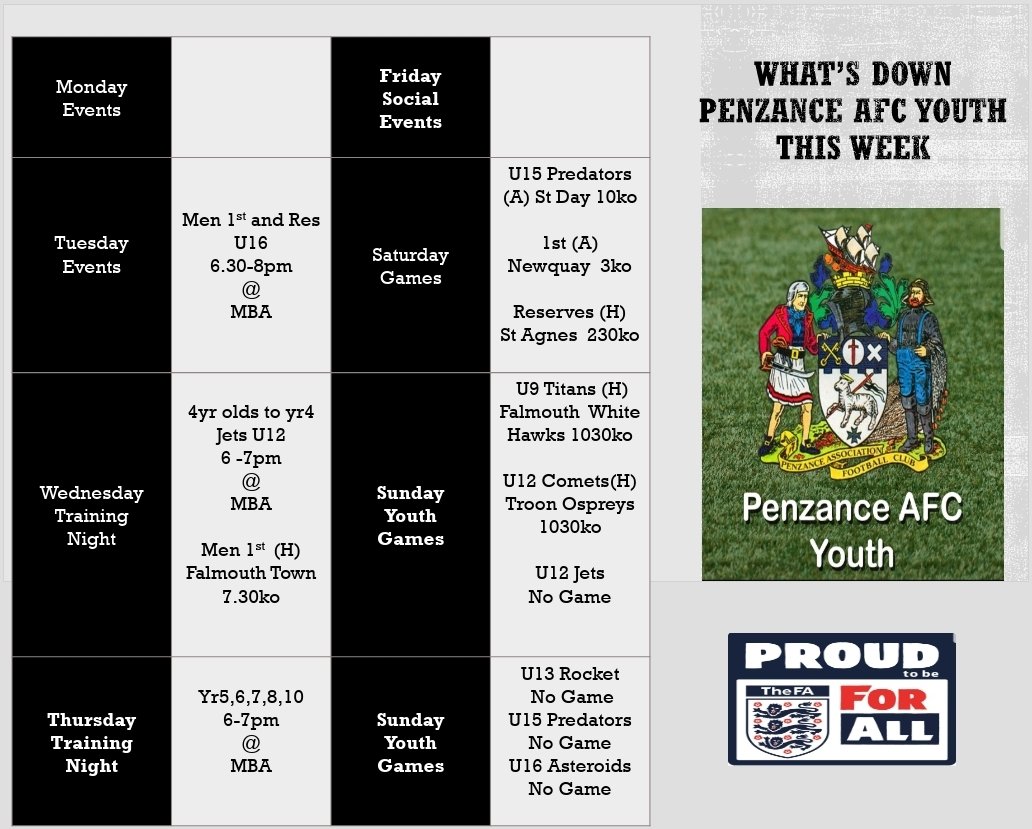 Penzance Youth Afc (@penzanceyouthfc) on Twitter photo ⚫⚪⚽️Happy New Year⚽️⚪⚫
We welcome back all our players and coaches for the start of 2020 training and back to the football. #EnjoyHaveFunPlayFootball#
⚽️Lots going on <a href="/PenzanceAFC/">Penzance AFC</a>⚽️ ⚫⚪⚽️Happy New Year⚽️⚪⚫
We welcome back all our players and coaches for the start of 2020 training and back to the football. #EnjoyHaveFunPlayFootball#
⚽️Lots going on <a href="/PenzanceAFC/">Penzance AFC</a>⚽️
