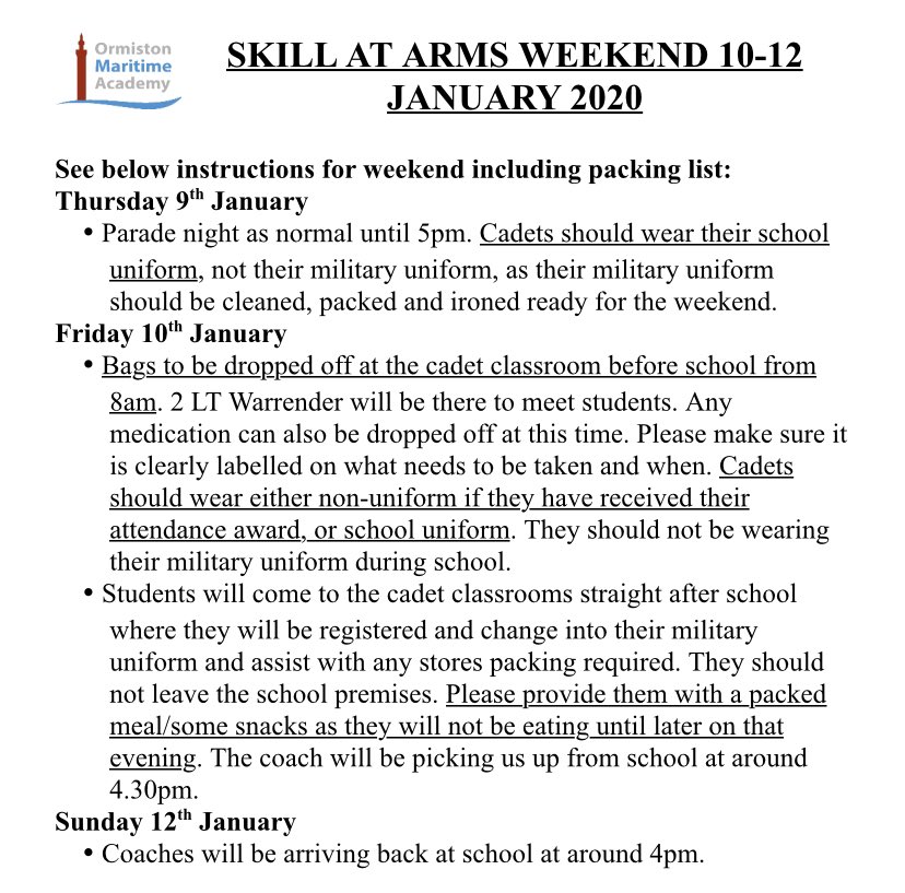 OMAcademyCCF's tweet photo. Info and packing list for this weekend’s camp. Collect a paper copy from U4! Any questions just ask. https://t.co/LdLexK1tyI
