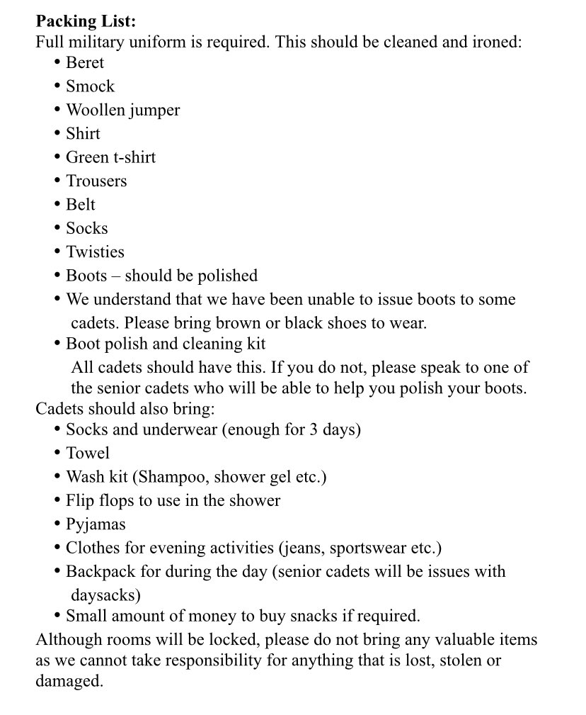 OMAcademyCCF's tweet photo. Info and packing list for this weekend’s camp. Collect a paper copy from U4! Any questions just ask. https://t.co/LdLexK1tyI