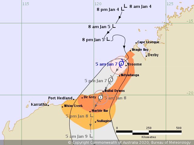 michlstan's tweet photo. CYCLONE BLAKE NOT EXPECTED TO INTENSIFY. #tcblake is expected to remain a category 1 cyclone as he moves down the west Kimberley coast. Track maps are still expecting the cyclone to cross along Eighty Mile Beach at Wallal, then weaken and ko r south over Marble Bar. #cycloneblake https://t.co/E42AXjhkJN