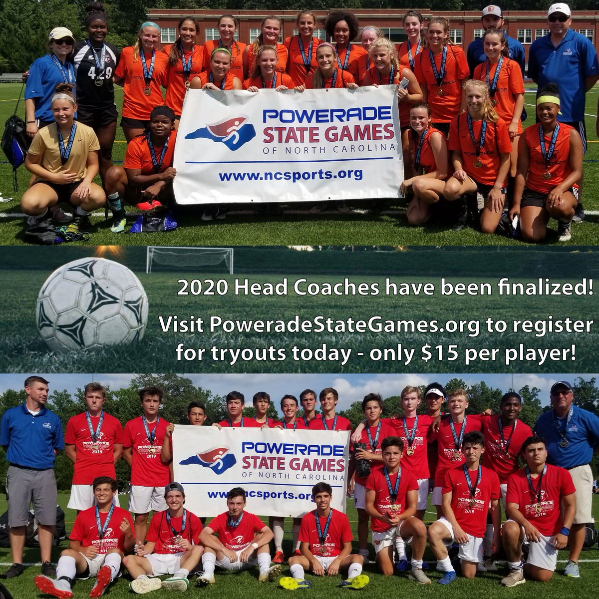 StateGamesNC's tweet photo. High School Soccer Coaches have been finalized for the 2020 Powerade State Games of NC! Visit https://t.co/B2MGd00cXd to view the coaches &amp; region maps. Registration for tryouts is open, with fees starting at just $15 per player! #PoweradeStateGames https://t.co/4rrDEBDZz8