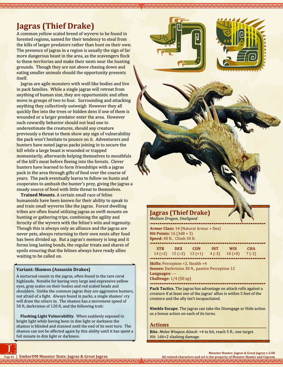 EmberDM on Twitter: "Monster Hunter: Jagras/Great Jagras 5e D&amp;D Stats  The third version of the monsters I started with when it came to making 5e  monster stats and putting them online. The