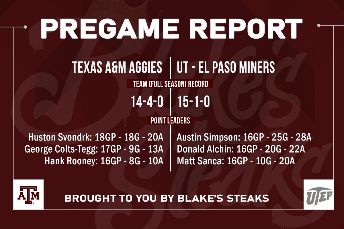 GAMEDAY IN EL PASO 🏜 

Your Ags look to bounce back and defeat the Miners tonight at 10:30PM (11:30PM CST) in the Sun City ☀️ Watch live on bdehockey.com #TAMUHockey #TAMUSportClubs