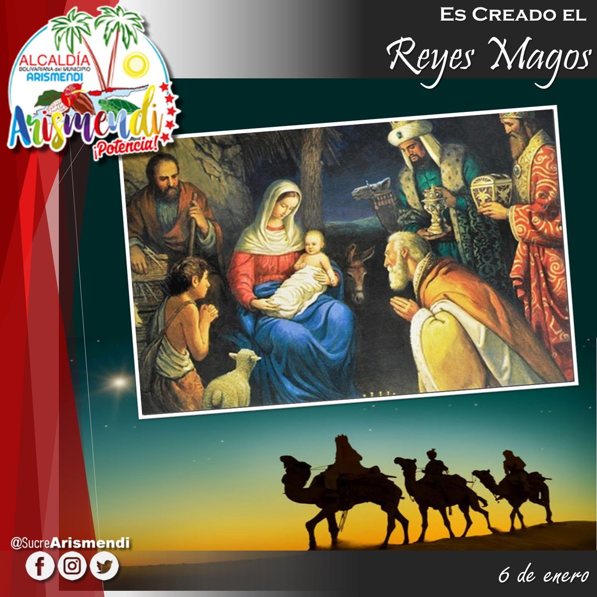 #6Ene
#Efeméride 📆🗞

Cada año el 06 de Enero celebramos la llegada de los 3 Reyes Magos, quienes emprendieron un largo viaje para darle una gran ofrenda al niño Dios.

#DiaDeReyes
#DeporteUniónYPaz