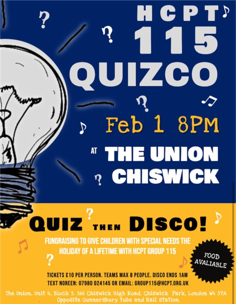 Join us for our #quizco fundraiser at the Union Chiswick on Feb 1st 2020. 7.30pm -1am a quiz, disco &amp; food available. £10 donation on the door. It costs £850 to send a child to #Lourdes for a holiday of a lifetime and gives their families much needed respite #hcpt