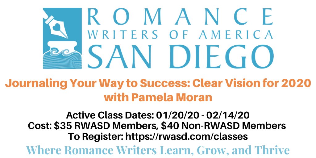 KristenKoster's tweet image. The @RWASDChapter Online Training Presents: 

Journaling Your Way to Success: Clear Vision for 2020
with Pamela Moran
Active Class Dates: 01/20 - 02/14/2020 
Cost: $35 RWASD Members, $40 Non-Members 
To register: rwasd.com/classes/