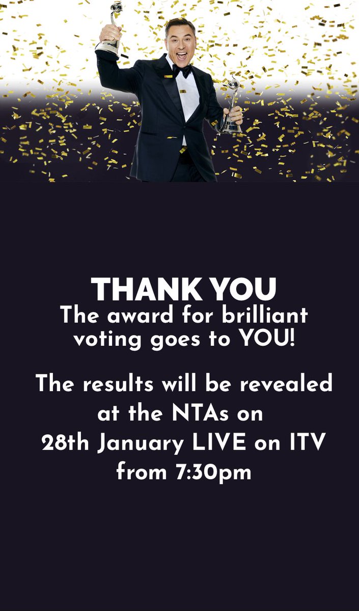 Delighted to be shortlisted for a comedy award at the NTA Awards feel free to vote for us here nationaltvawards.com