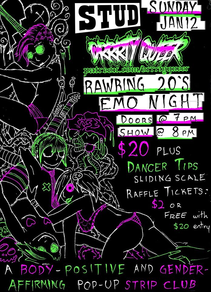 DrrrtyQueer's tweet photo. It’s 2020, and the DRRRTY QUEER crew is taking it back to the 2000’s with the RAWRING 20’s!  Sunday January 12 at The Stud in San Francisco!! #bringtips https://t.co/HxUwaH19mV