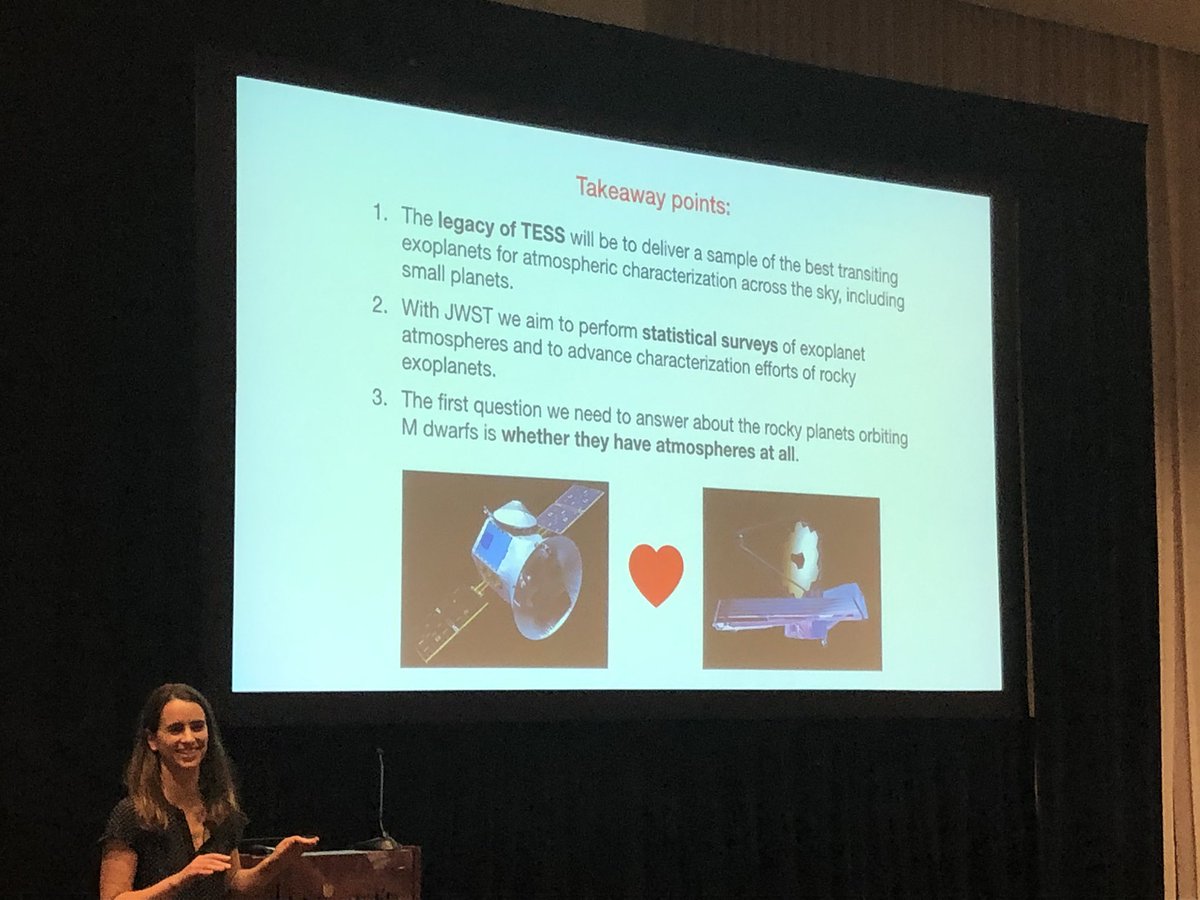 The final speaker of the #AAS235 @NASA_TESS splinter session is Eliza Kempton. She highlighted how many of the exoplanets being discovered by TESS are prime targets for @NASAWebb - JWST can be used to reveal the properties of the atmospheres of exoplanets!