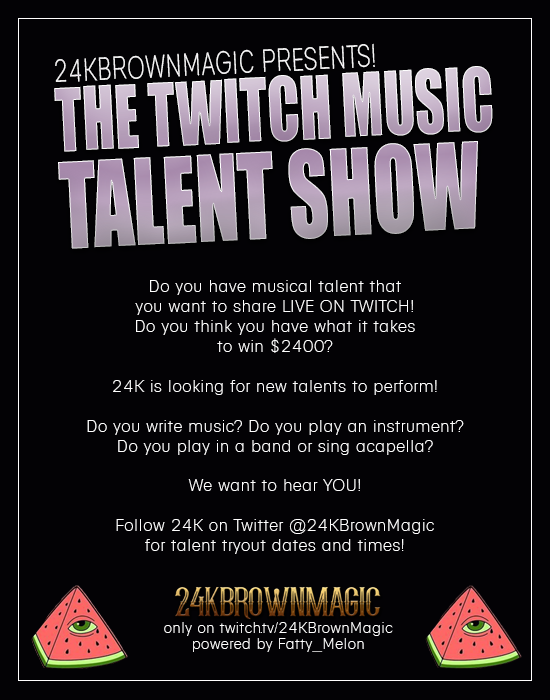 imthe24k's tweet photo. Alright y'all! I'm really excited about this! I'm going to host a talent show featuring the musicians of @Twitch 

There is a prize of $2400, and maybe even more! Thank you @Fatty_Melon for everything you do :)

To sign up, go here! 
https://t.co/VP6lY08ZcM https://t.co/3ucbrrfBb8