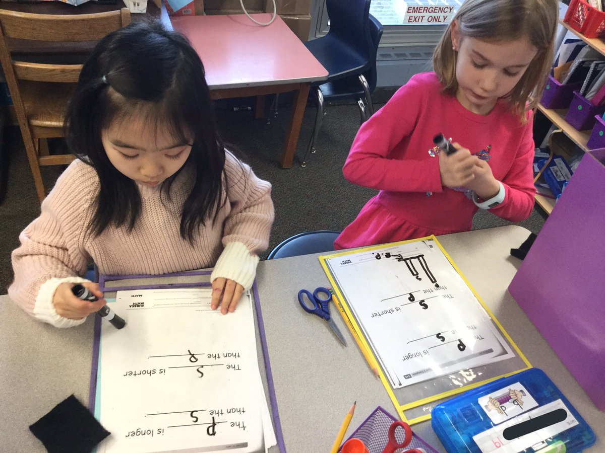MsSerinaSota's tweet photo. Room 25math class starting the measurement unit! Comparing the lengths of objects and recording their understanding in a sentence form and a picture model form. Making sure to line up the endpoints! #eurekmath #measurement https://t.co/kZqmBzbwY0
