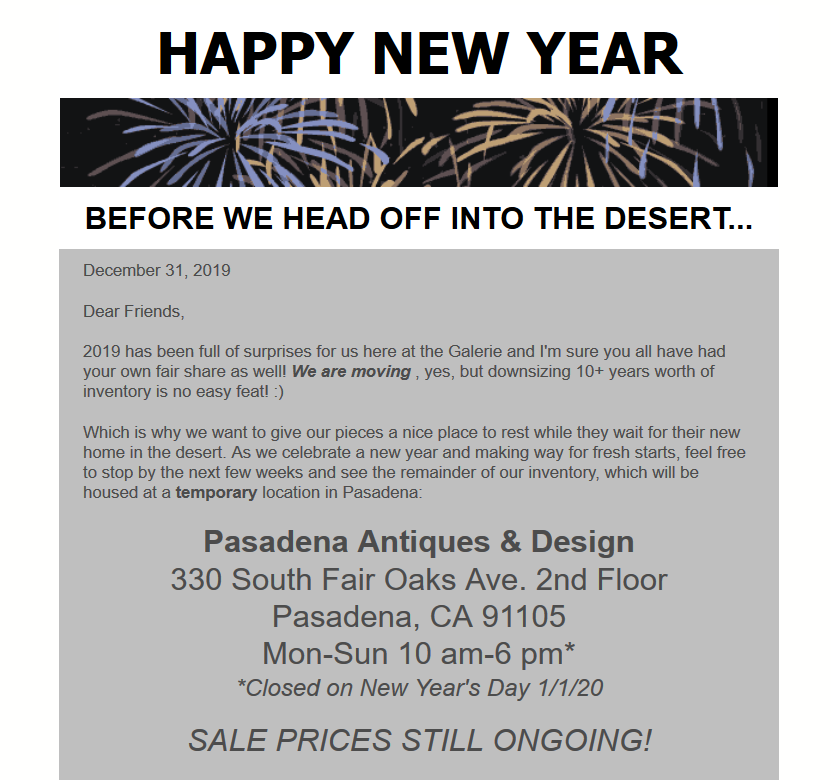 galeriesommerla's tweet photo. Wishing all our friends a happy and fruitful 2020! Please see visit us in the coming weeks at our temporary location in Pasadena before our official move! Stay tuned for where we head next!
.
.
.
#2020 #newyear #moving #losangelesdesign #losangeles https://t.co/OUcNlNOR1V
