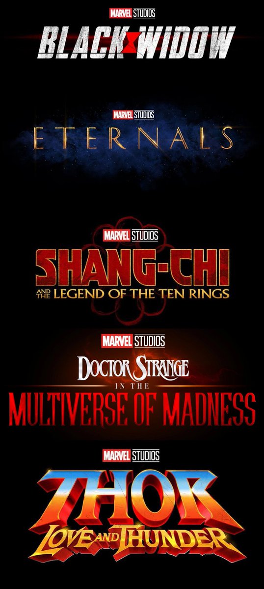 Frosted80's tweet photo. 🎟️ Upcoming Marvel Releases + Release Dates 🎟️

#BlackWidow - May 1, 2020
#TheEternals - November 6, 2020
#ShangChi - February 12, 2021
#DoctorStrange - May 7, 2021
#ThorLoveAndThunder - November 5, 2021 https://t.co/lpztRwF6iO