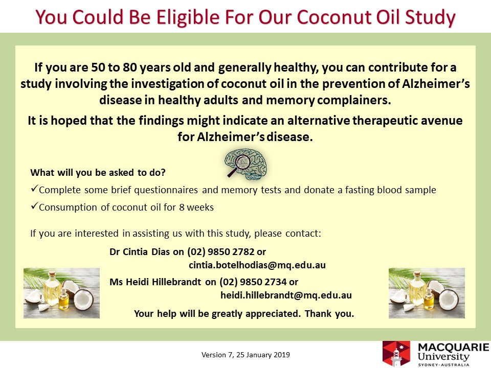 Interested in helping fight #Alzheimers?! Please consider being a participant for our clinical trial investigating the use of MCT (coconut) oil in the prevention of #Alzheimers at #MacquarieUniversity. <a href="/Cintia_B_Dias/">Cintia B Dias</a> <a href="/HHILDE280/">Heidi Hillebrandt 🧠🇺🇲🇦🇺</a>
