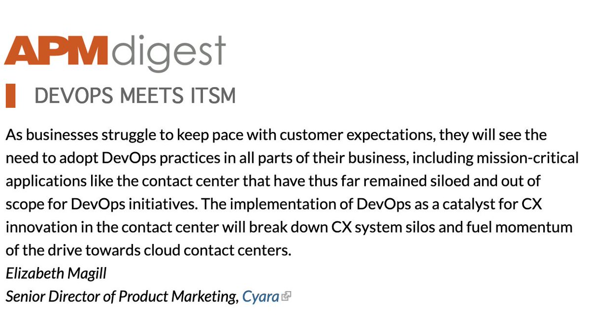 Alok Kulkarni (@alok_cyara) on Twitter photo Great to see our own <a href="/emagill/">Elizabeth Magill</a> honing her #CX and #DevOps futurist skills in <a href="/APMdigest/">Pete Goldin</a>! apmdigest.com/2020-itsm-pred… Great to see our own <a href="/emagill/">Elizabeth Magill</a> honing her #CX and #DevOps futurist skills in <a href="/APMdigest/">Pete Goldin</a>! apmdigest.com/2020-itsm-pred…