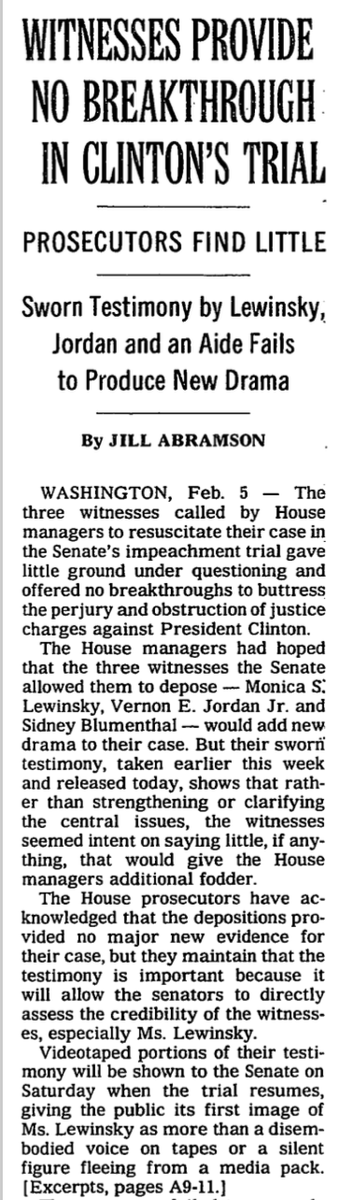 In the Senate impeachment trial for Bill Clinton, video depositions were taken from three key witnesses -- Monica Lewinsky, Vernon Jordan and Sidney Blumenthal -- and shown in the Senate during the trial.