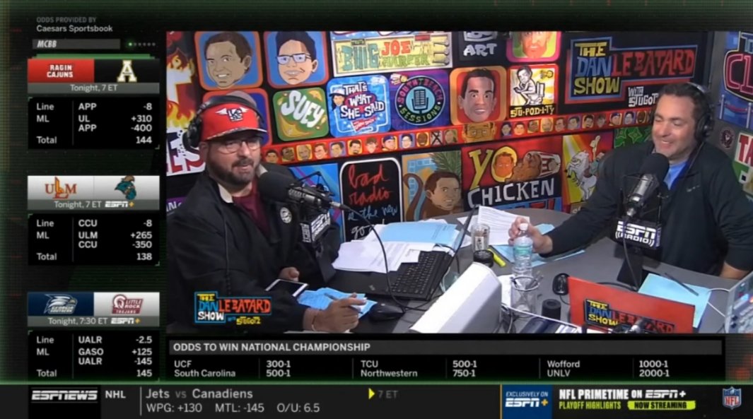 robertmoraleslv's tweet photo. Dan looks like he's wearing a jacket they found in the lost and found bin at the Clevelander. 
#lostandfound #comeup  @LeBatardShow @MichaelRyanRuiz @ChrisCoteESPN https://t.co/YJz73XGheh