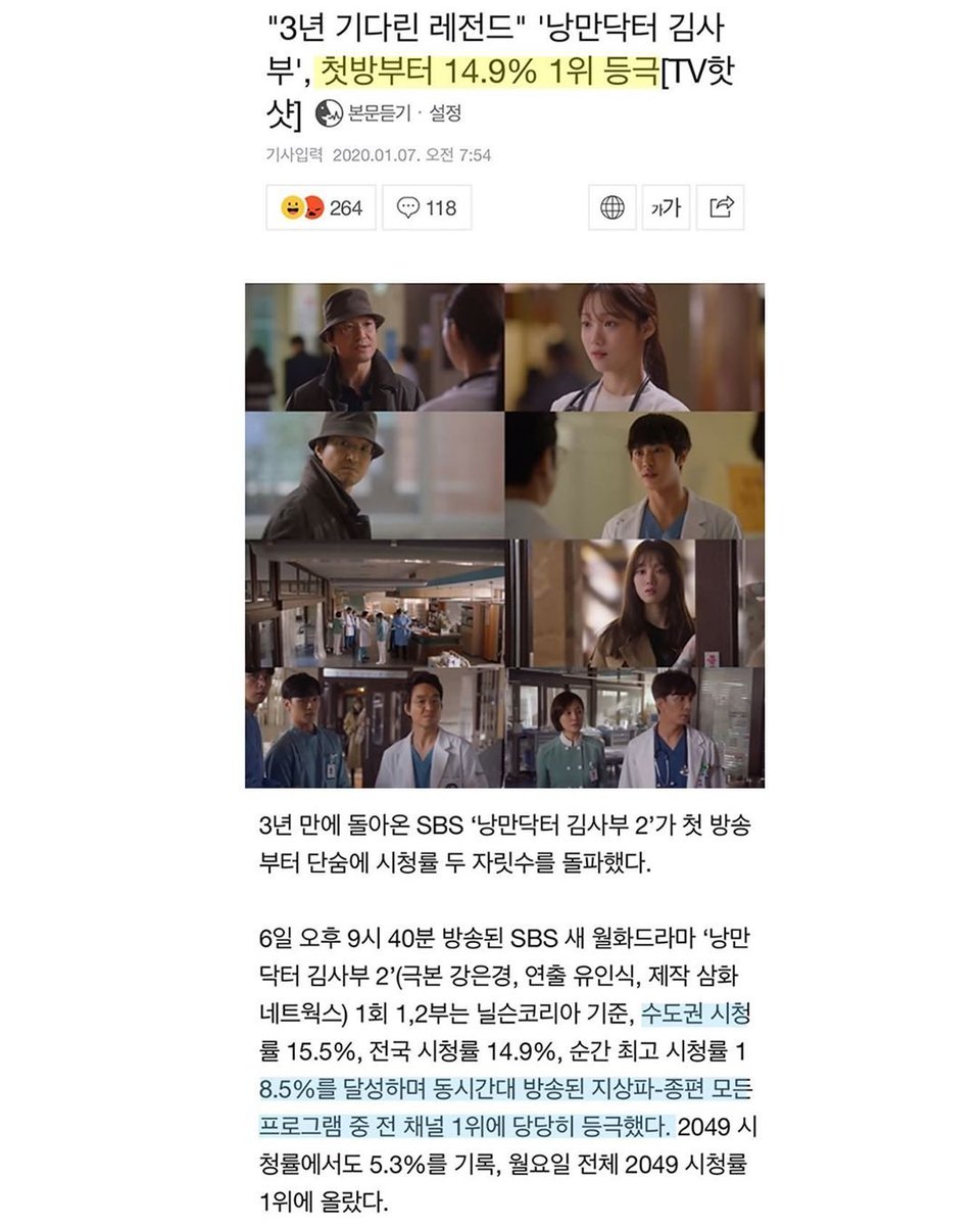 [2020.01.07] @sbsnow_insta:1회만에 시청률 15.5% 전 채널 동시간대 전국/수도권 가구 시청률 + 2049 1위 레전드 is backSBS 새 월화드라마 <낭만닥터 김사부2>☞ 매주 월, 화 밤 9시 40분 첫 방송!! https://www.instagram.com/p/B6_6u5gnOVg/&nbsp; #낭만닥터김사부2  #Dr_Romantic_2 #한석규  #이성경  #안효섭