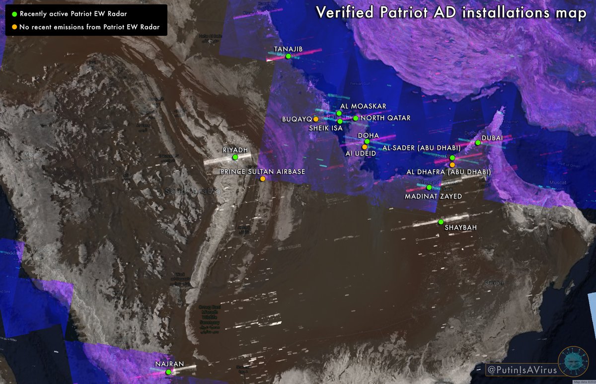 PutinIsAVirus's tweet photo. Updated map of Patriot sites in the Persian Gulf area, green ones had their radars active in last couple of months as revealed by Sentinel-1 CSAR sensor. 
Of notice the Shaybah, Buqaiq, Prince Sultan and M. Zayed installations of recent deployment.
#Iran #UsaIran #Saudi #OSINT https://t.co/x2aB0Tiv2n