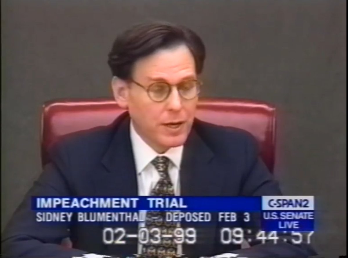 As you can see quite clearly in that CSPAN video, the depositions of Lewinsky, Jordan and Blumenthal were taken over the first three days of February 1999 -- more than a month after the House voted to impeach Clinton *without* that testimony.