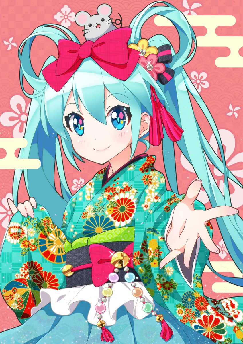 hatsune miku 1girl japanese clothes kimono smile long hair twintails looking at viewer  illustration images
