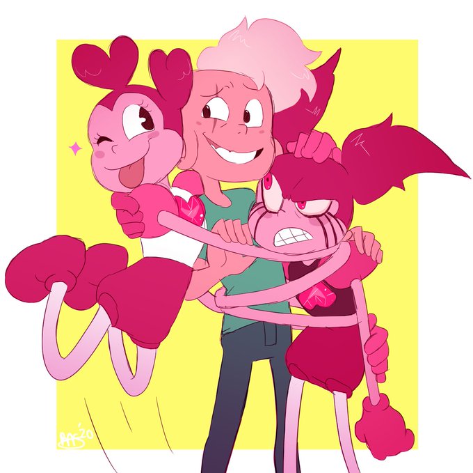 Spinel won the "draw my favs together" poll! I wasn't sure which form I wanted, so...both.

Lars now has TWO *little sisters

*Technically they're older than him
#StevenUniverse #StevenUniverseFuture 