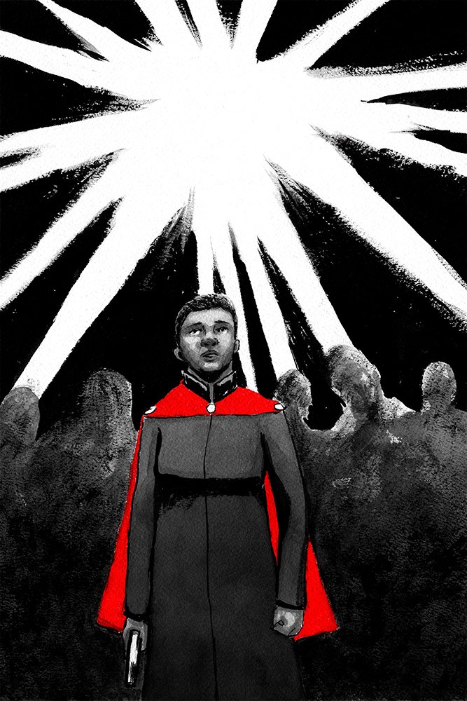 a black/white/red illustration of the character Yan from my web serial in the shadow of heaven. she is standing under a glowing light and looking up with a worried expression while holding a gun in her right hand at her side. she is wearing a red cape.