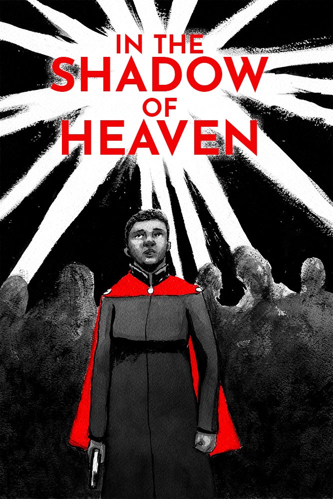 a black/white/red illustration of the character Yan from my web serial in the shadow of heaven. she is standing under a glowing light and looking up with a worried expression while holding a gun in her right hand at her side. she is wearing a red cape. red text reads "IN THE SHADOW  OF HEAVEN"