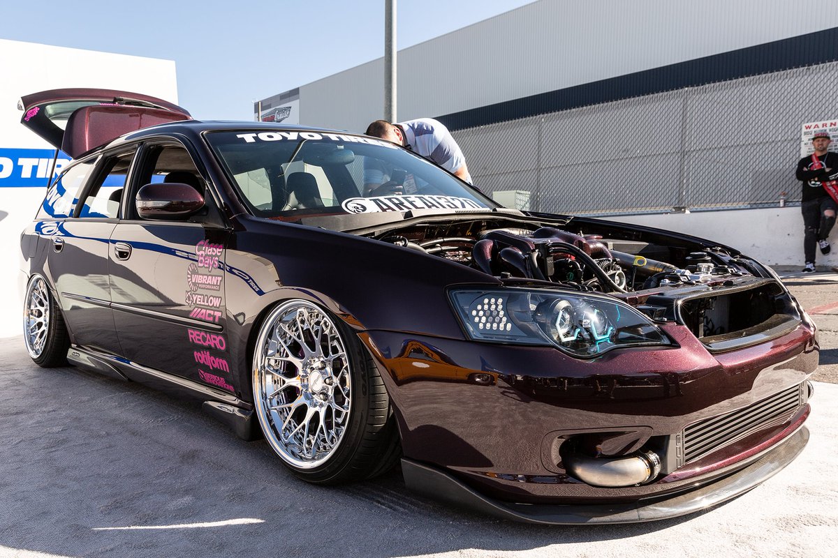 mollymagazine's tweet photo. It's all in the details w/ #KrispyMedia's 600HP 2005 #Subaru Legacy GT build by #Area1320. It's been boosted with a #Garrett turbo, #CircuitDemon lights, a beautiful #AccuAir trunk setup by #SeriousInnovations, and rolling on #Rotiform wheels from #ToyoTires #Treadpass at #SEMA. https://t.co/iHFS2ANzyn