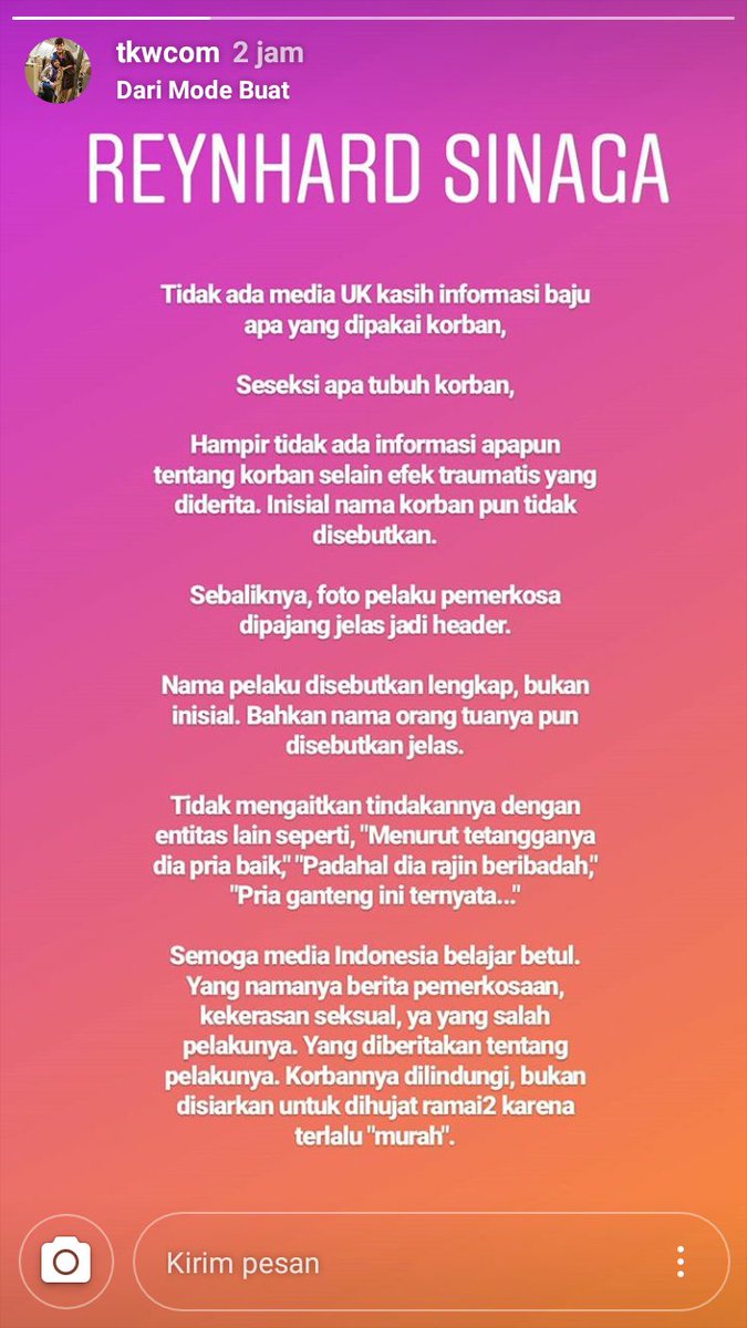 Terkait kasus Reynhard Sinaga

Harusnya media kita bisa belajar dari media Inggris. Mengungkap kebiadaban pelaku tanpa merusak citra, menghakimi gaya berpakaian, dan juga membuka privasi korban.
