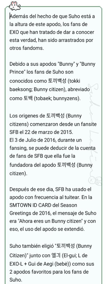 SuhoLatino's tweet photo. [RANDOM] Los orígenes de Bunny Prince y Bunny citizen🐰
Está nota NO fue escrita por algún medio de comunicación, sino por un fan
Publicación en coreano: https://t.co/dZvXuW81pk
Tr. KR a EN myeonmehmeh
Tr. EN a ES Suho Latino
#EXO #수호 @weareoneEXO 

Moon Peach🌙
Suho Latino https://t.co/yiGPe21Djy