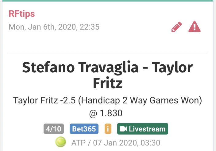 FtipsR's tweet image. Esta madrugada hay un juego con mucho valor en la #ATPCup 

Fritz handicap -2.5
Momio: 1.83 
Porcentaje: 4%