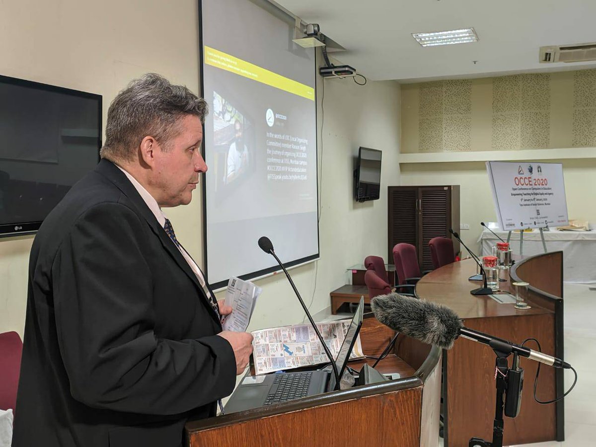 OCCE2020's tweet photo. Mikko Ruohonen, Working group representative, IFIP starting the session by welcoming Aditeshwar Seth, CEO Gramvani for his keynote address on the day 2 of #OCCE2020 conference at TISS Mumbai campus
@TISSpeak https://t.co/GZqolPeuSn