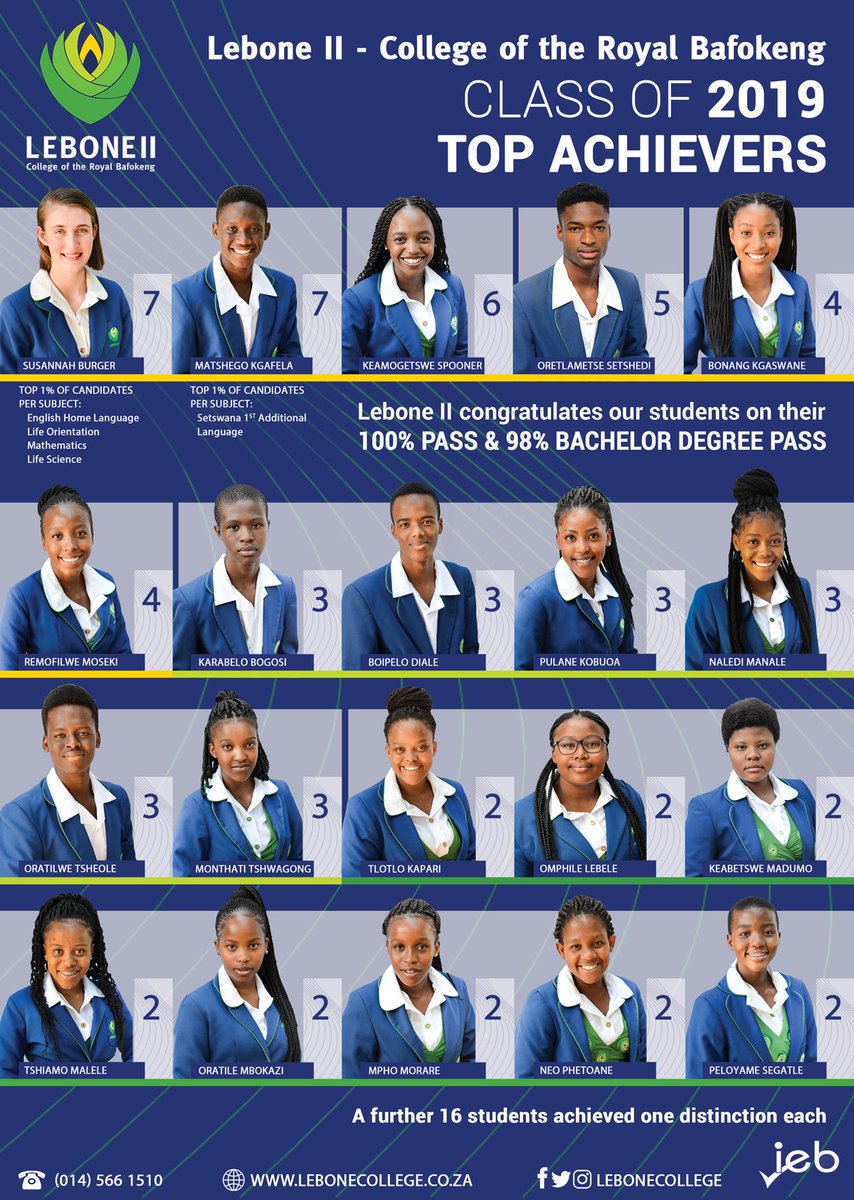 [CONGRATULATIONS CLASS OF 2019!]
Lebone II - College of the Royal Bafokeng warmly congratulates our 2019 matric class who have excelled in the Independent Examinations Board (IEB) final exams.
Highlights of  the results can be found at lebonecollege.co.za/pages/matric-r…