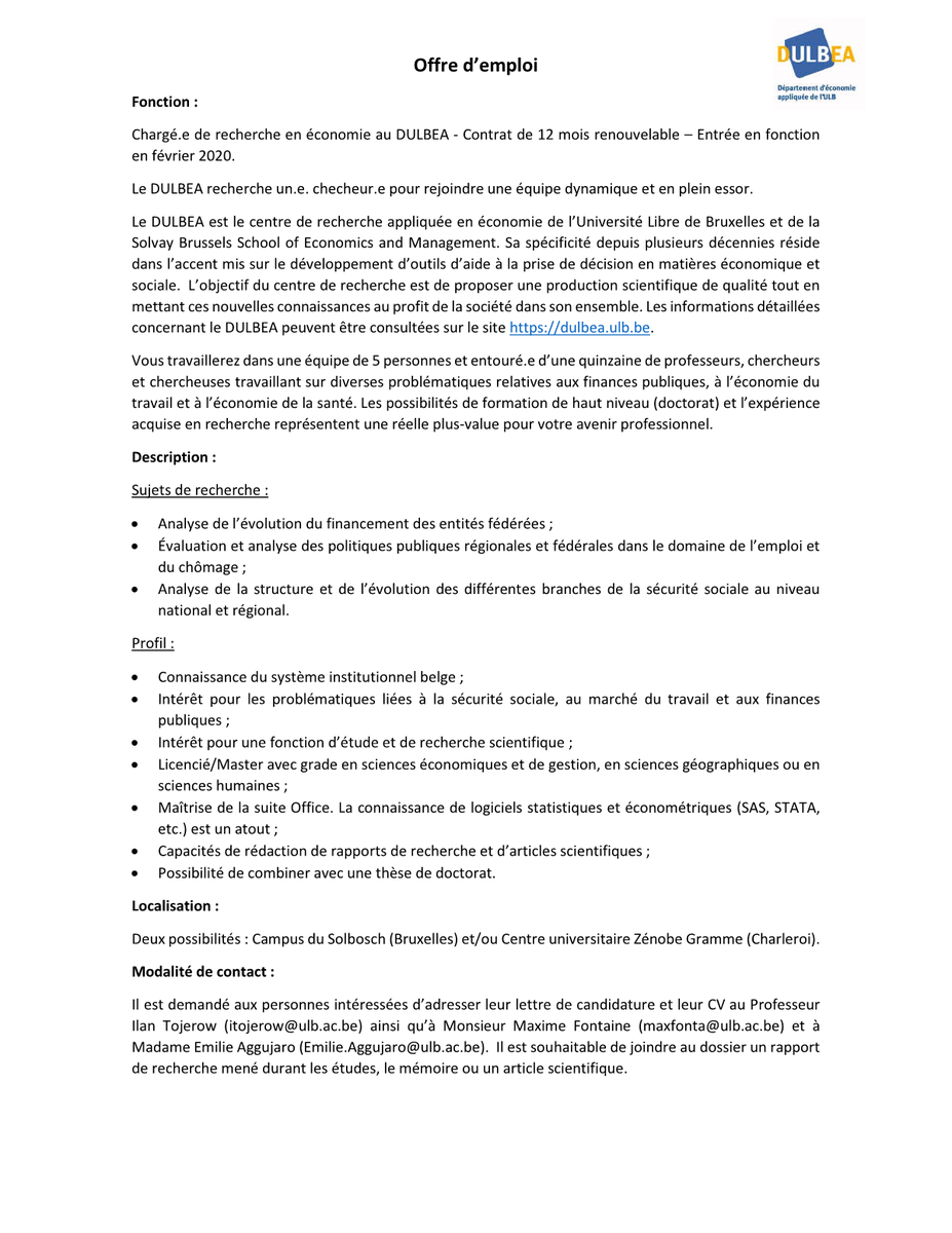 le Dulbea engage !! Offre d'emploi pour un chercheur en économie !! + d'infos: dulbea@ulb.be