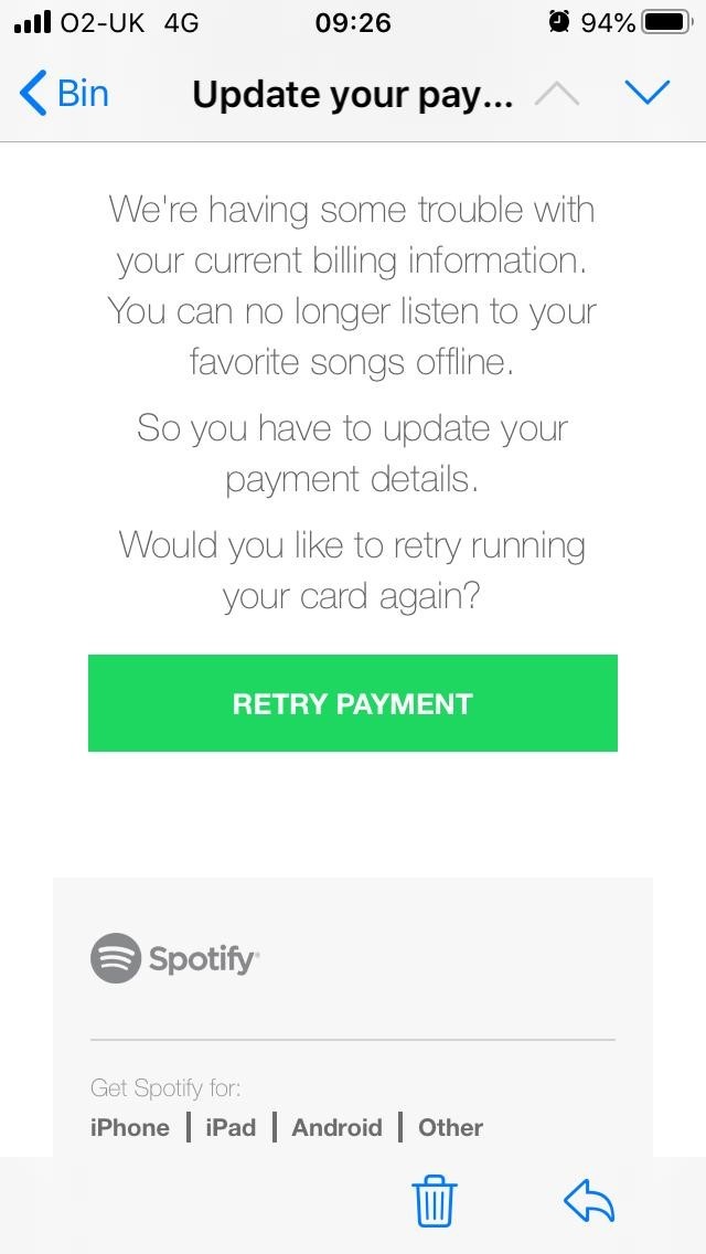 Look at this convincing Spotify phishing email doing the rounds! I wonder how many people have already fell for this. Need to have your wits about you #cybersafe #phishing #scam