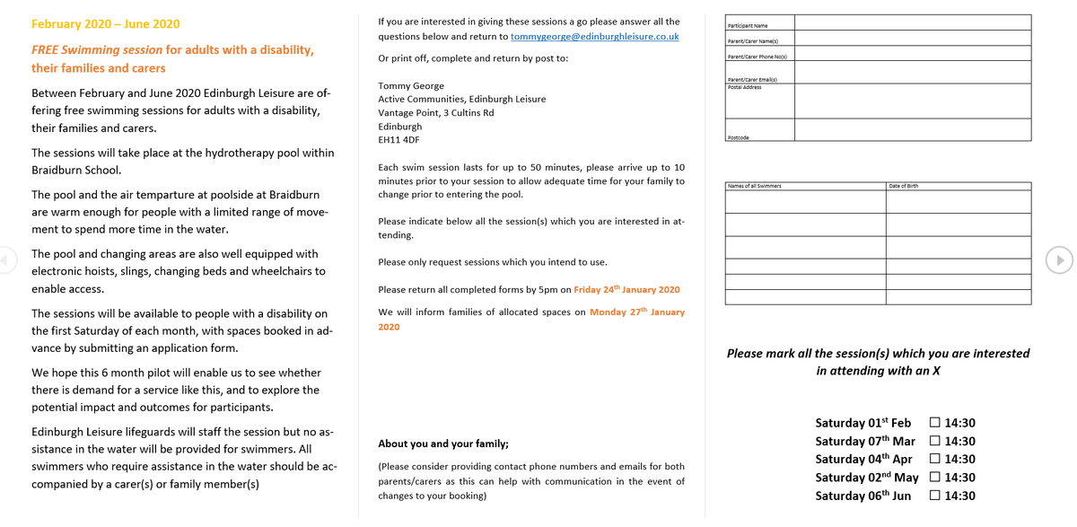 LothianCIL's tweet photo. Between February and June 2020 Edinburgh Leisure are offering free swimming sessions for adults with a disability, their families and carers.  For more information please see attached. https://t.co/NhlP8pZq3a