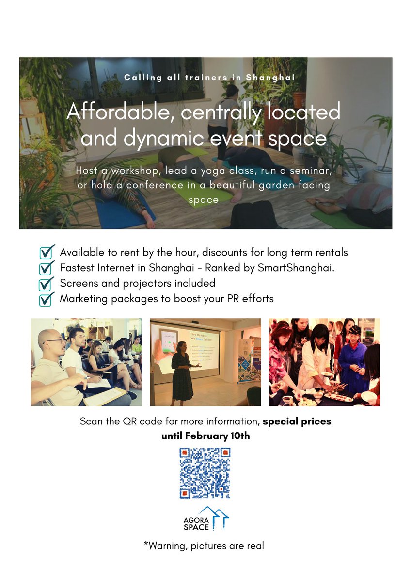 AgoraSpace's tweet photo. Affordable, centrally located and dynamic event space that fits your needs. Host a workshop, lead a yoga class, run a seminar, or hold a conference in a beautiful garden facing space with screens and projectors. Scan the QR code for special prices and more information! https://t.co/yM8BPCRK1q