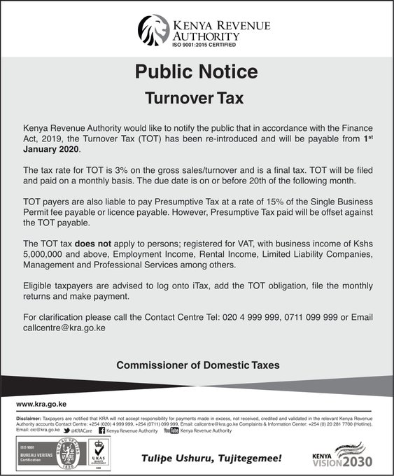 KRA Public notice on Turnover Tax Payment.