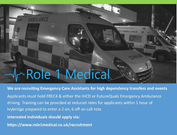 We are recruiting bank/ oncall ECAs  to support our NHS contracted &amp; evebt teams. 

Applicants should meet the following: 
>FREC4 or Level 3 FutureQuals ECA Diploma.
>Ambulance Blue lights (IHCD D1/D2 or FutureQuals CERAD). 

See our FB for full details: facebook.com/Role1Medical/