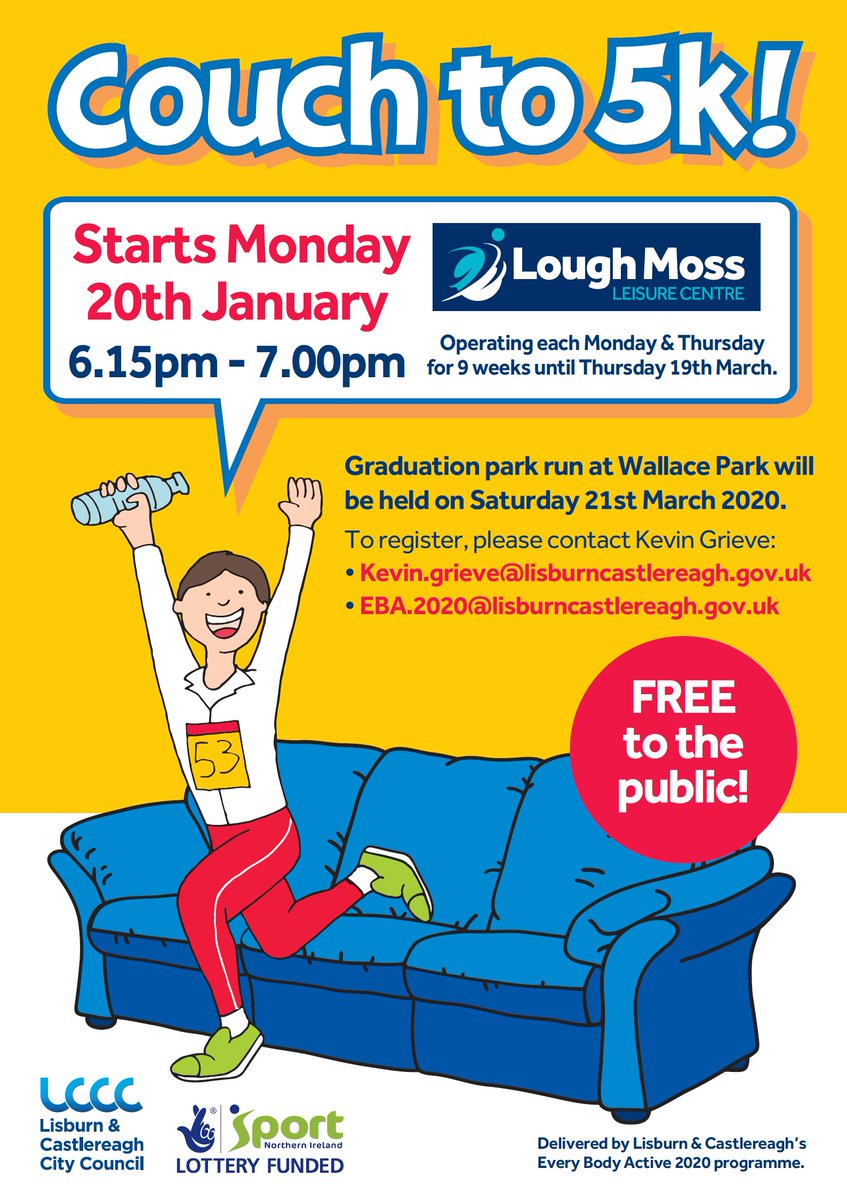 Lace up your trainers and get moving with our Couch to 5K programme at Lough Moss Leisure Centre.

Starting every Monday and Thursday from Monday 20th January, 6.15pm – 7.00pm.

To register email📨 Kevin.Grieve@lisburncastlereagh.gov.uk